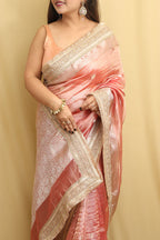 Exquisite Pink Handloom Banarasi Pure Tissue Silk Saree - Luxurion World