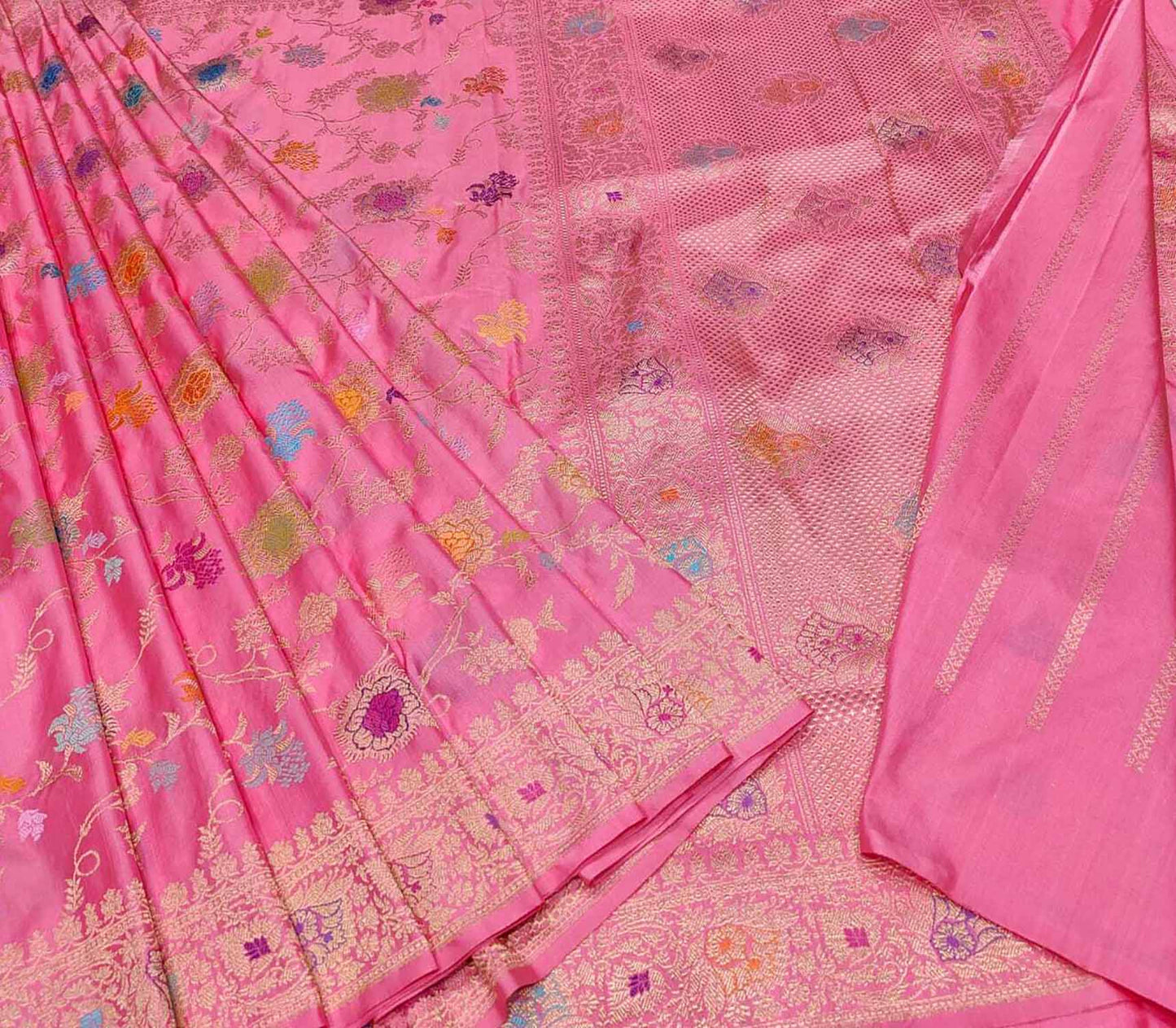 Beautiful Pink Banarasi Handloom Pure Katan Silk Meenakari Saree - Luxurion World