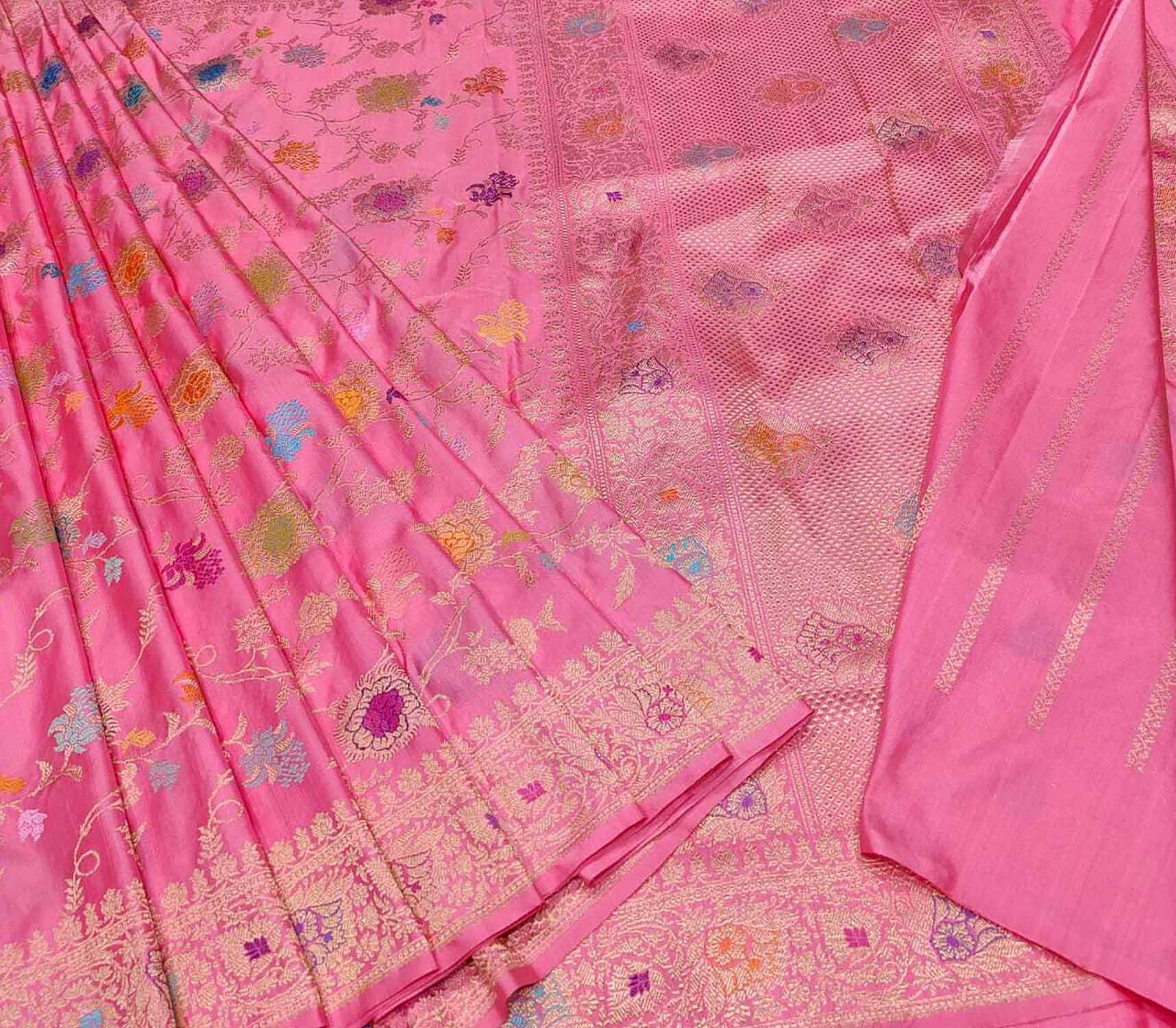 Beautiful Pink Banarasi Handloom Pure Katan Silk Meenakari Saree - Luxurion World