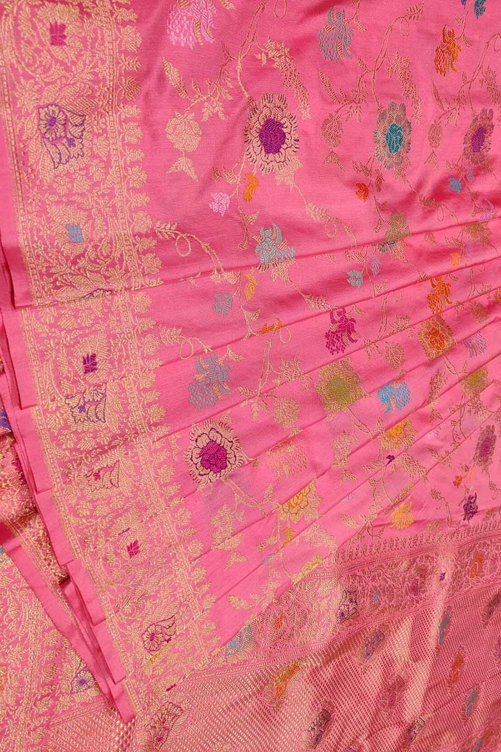 Beautiful Pink Banarasi Handloom Pure Katan Silk Meenakari Saree - Luxurion World