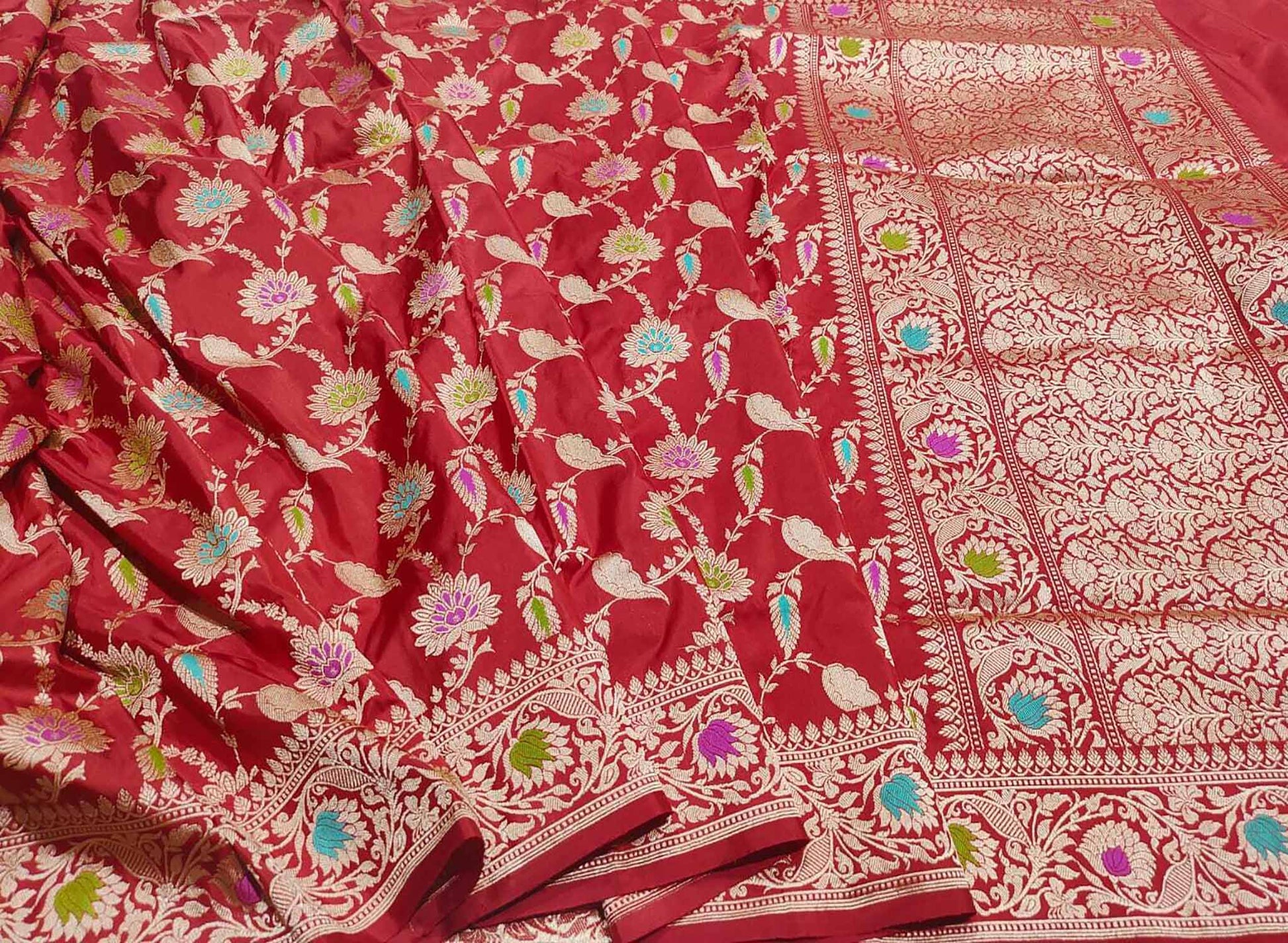 Red Banarasi Handloom Pure Katan Silk Meenakari Saree - Luxurion World