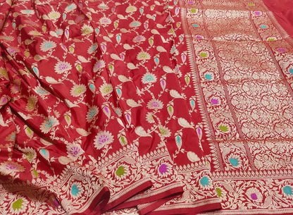Red Banarasi Handloom Pure Katan Silk Meenakari Saree - Luxurion World