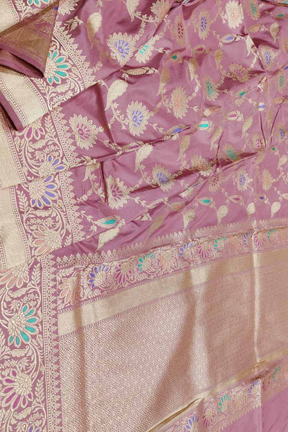 Beautiful Pink Banarasi Handloom Pure Katan Silk Meenakari Saree - Luxurion World