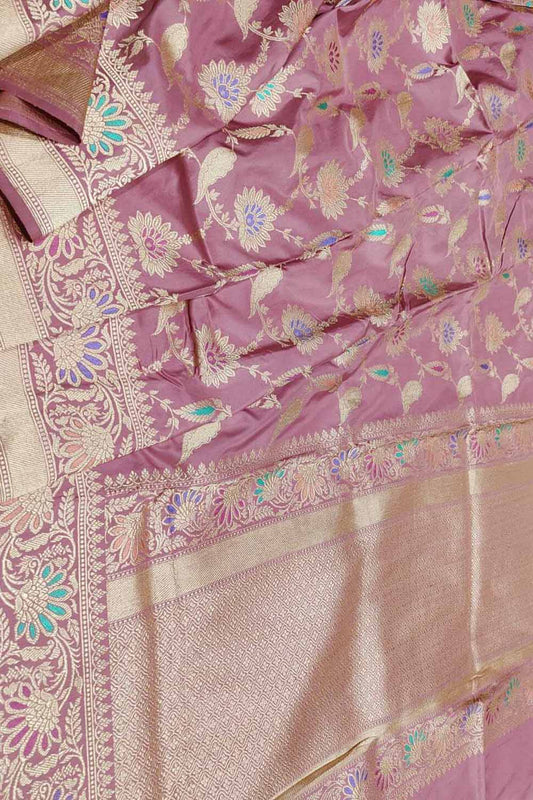 Beautiful Pink Banarasi Handloom Pure Katan Silk Meenakari Saree - Luxurion World