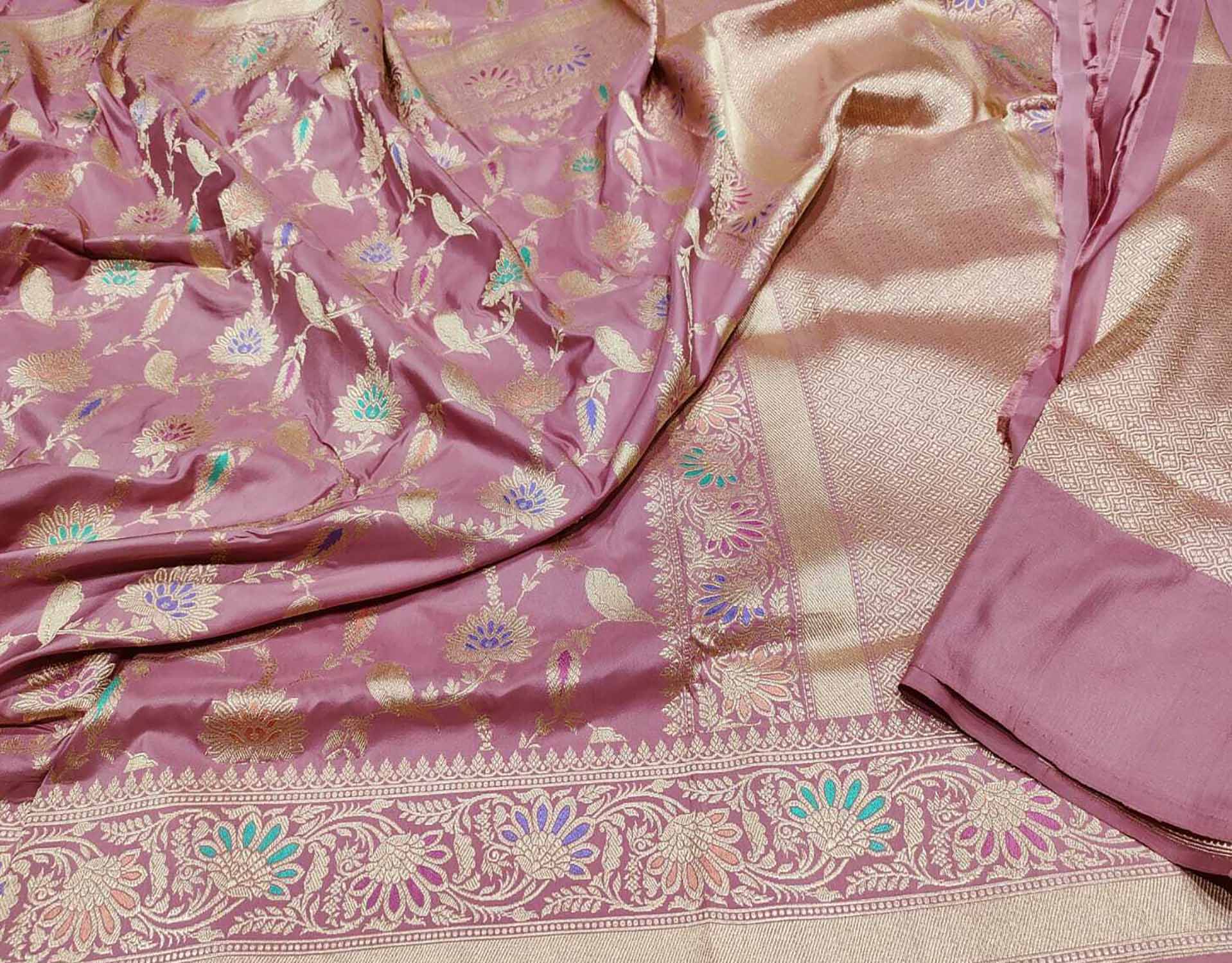 Beautiful Pink Banarasi Handloom Pure Katan Silk Meenakari Saree - Luxurion World