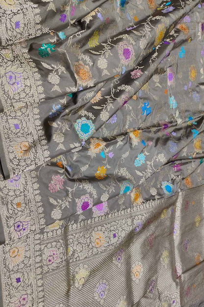 Elegant Grey Banarasi Handloom Pure Katan Silk Meenakari Saree - Luxurion World