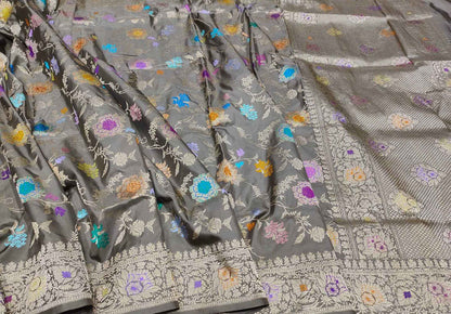 Elegant Grey Banarasi Handloom Pure Katan Silk Meenakari Saree - Luxurion World