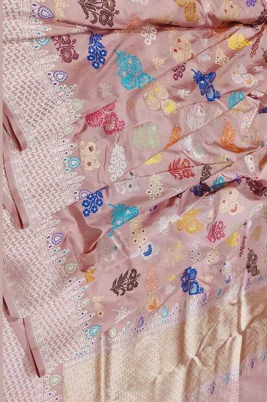 Beautiful Pink Banarasi Handloom Pure Katan Silk Meenakari Saree - Luxurion World