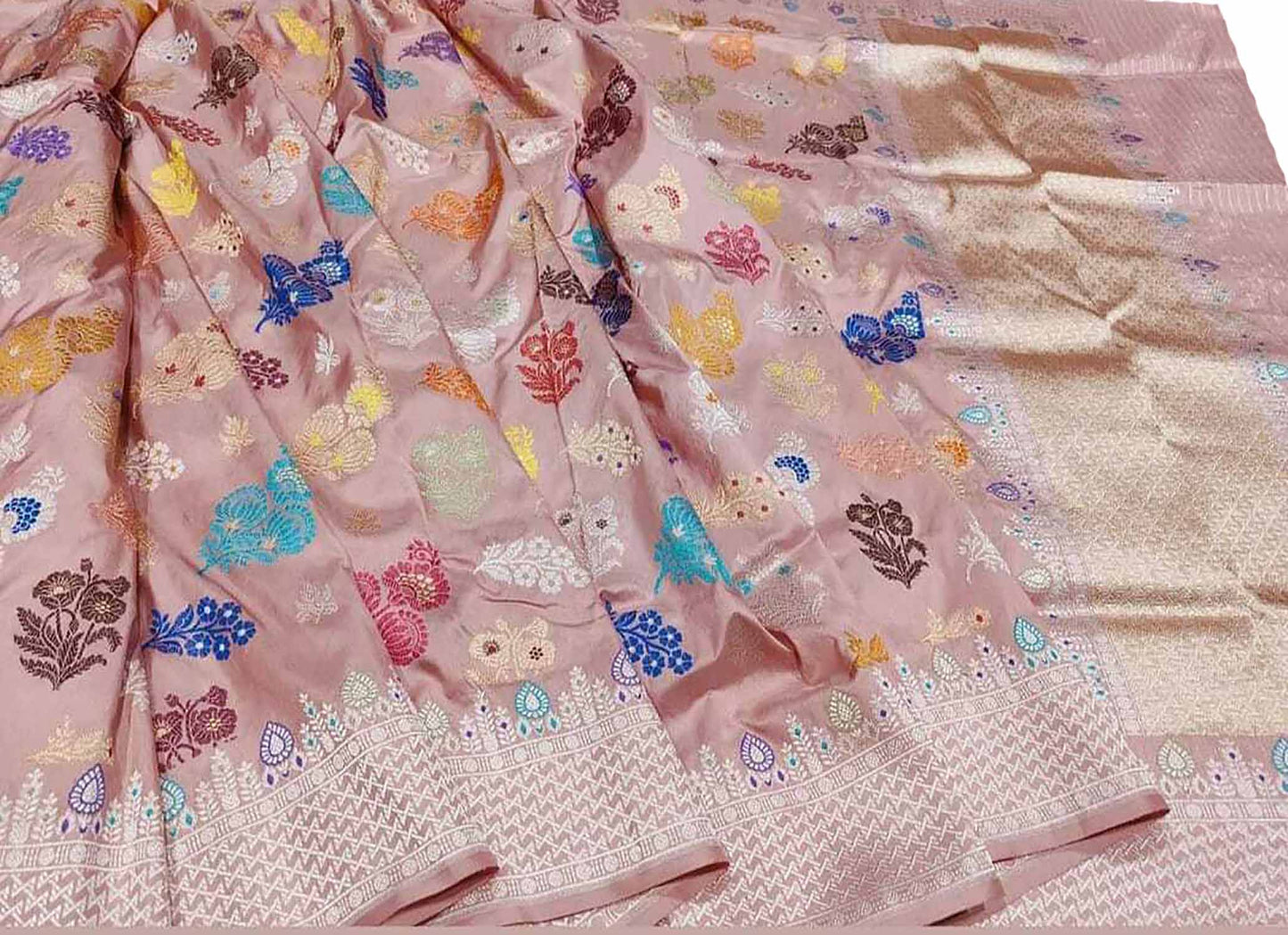 Beautiful Pink Banarasi Handloom Pure Katan Silk Meenakari Saree - Luxurion World