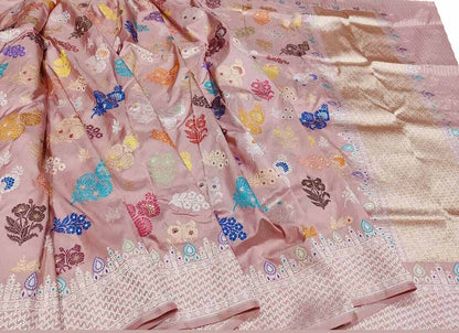 Beautiful Pink Banarasi Handloom Pure Katan Silk Meenakari Saree - Luxurion World