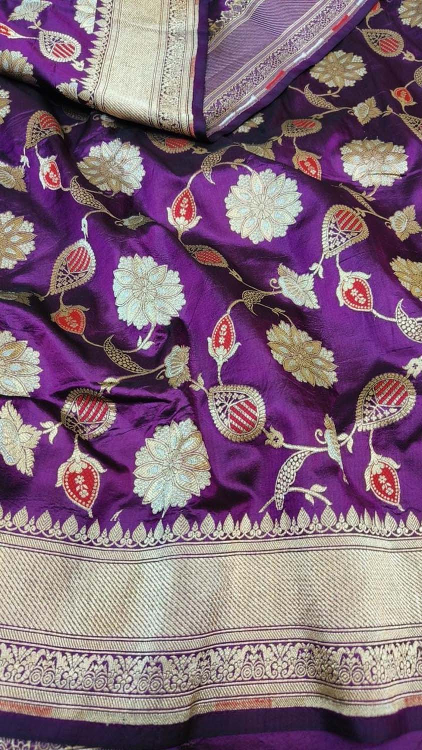 Purple Banarasi Handloom Pure Katan Silk Saree - Luxurion World
