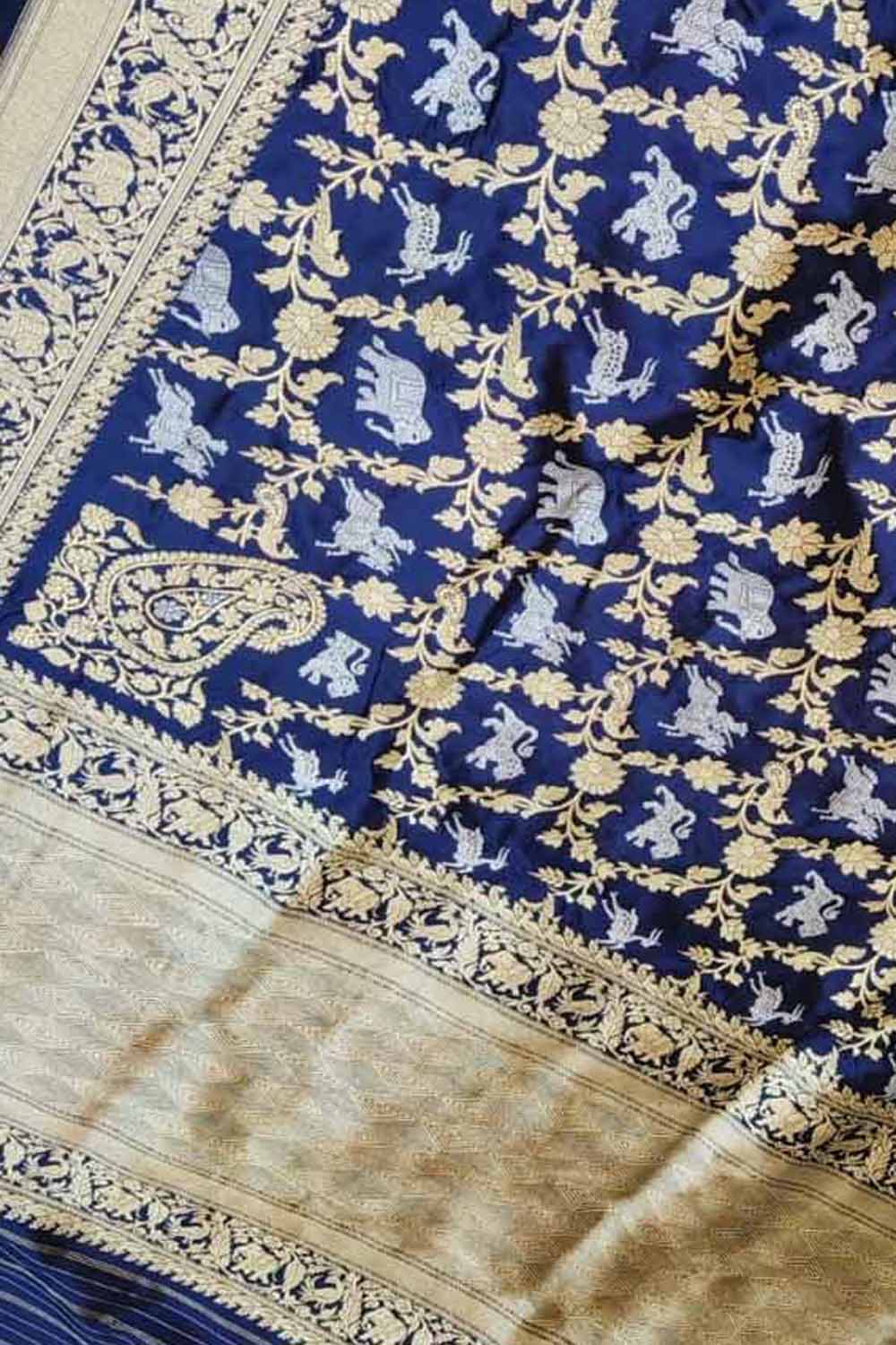Blue Banarasi Handloom Pure Katan Silk Shikargah Design Saree - Luxurion World