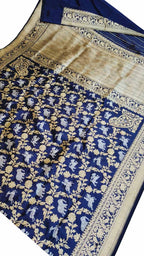 Blue Banarasi Handloom Pure Katan Silk Shikargah Design Saree - Luxurion World