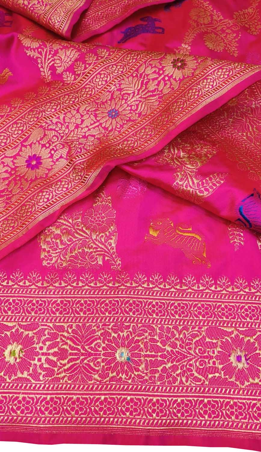 Pink Banarasi Handloom Pure Katan Silk Meenakari Saree - Luxurion World