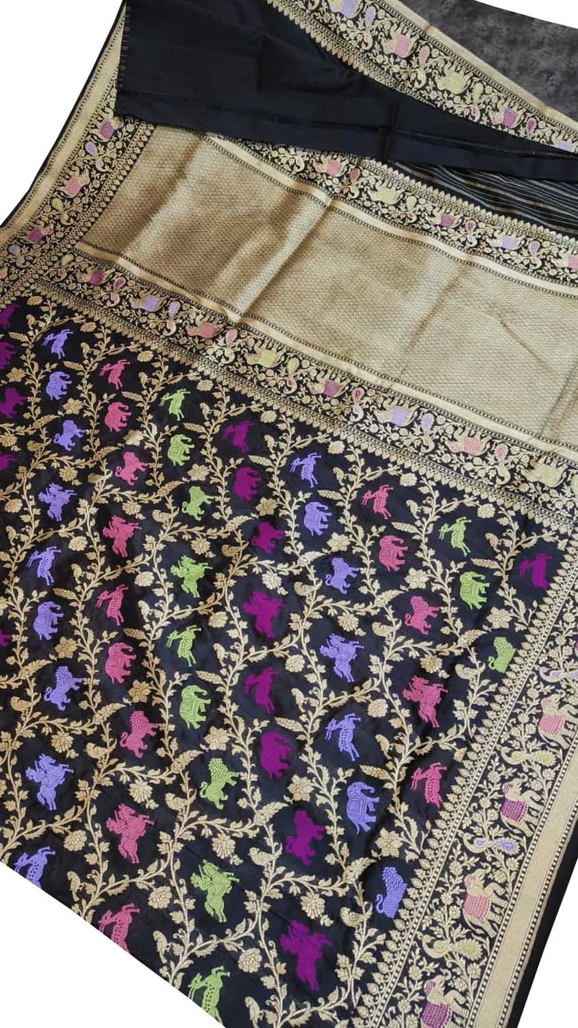 Black Banarasi Handloom Pure Katan Silk Shikargah Design Saree - Luxurion World