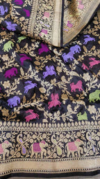 Black Banarasi Handloom Pure Katan Silk Shikargah Design Saree - Luxurion World
