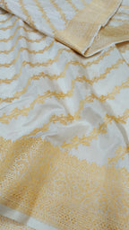 Off White Banarasi Handloom Pure Katan Silk Kadwa Weaved Stripes Design Saree - Luxurion World