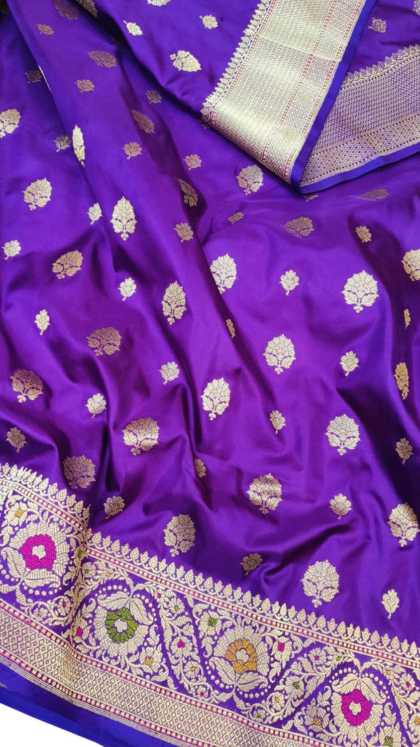 Purple Banarasi Handloom Pure Katan Silk Kadwa Weaved Meenakari Saree - Luxurion World