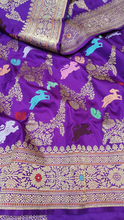 Purple Banarasi Handloom Pure Katan Silk Kadwa Weaved Shikargah Design Saree - Luxurion World