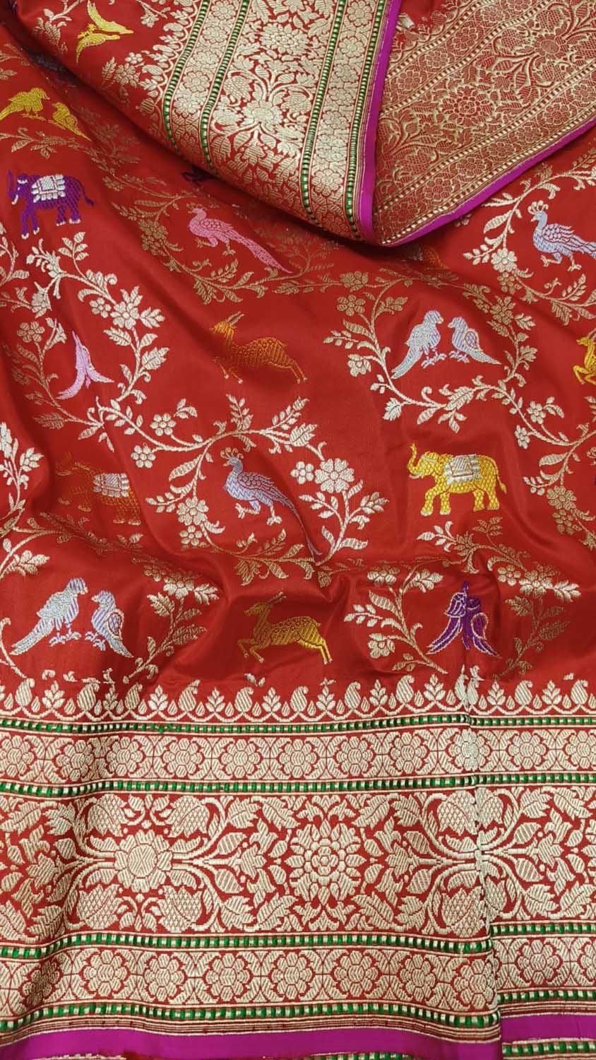 Red Banarasi Handloom Pure Katan Silk Shikargha Design Meenakari Saree - Luxurion World