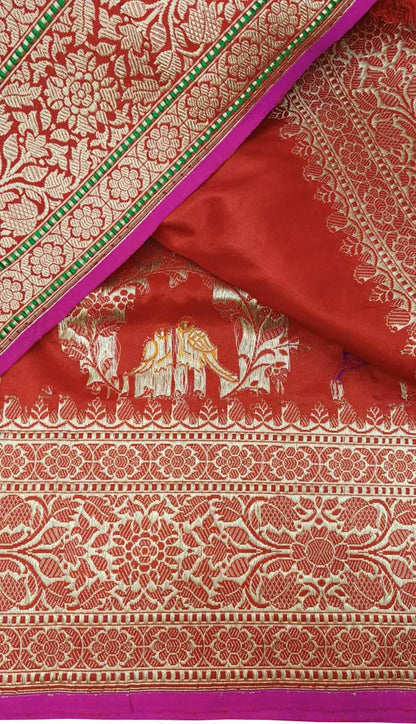 Red Banarasi Handloom Pure Katan Silk Shikargha Design Meenakari Saree - Luxurion World