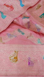 Pink Banarasi Handloom Pure Katan Silk Shikargha Design Meenakari Saree - Luxurion World