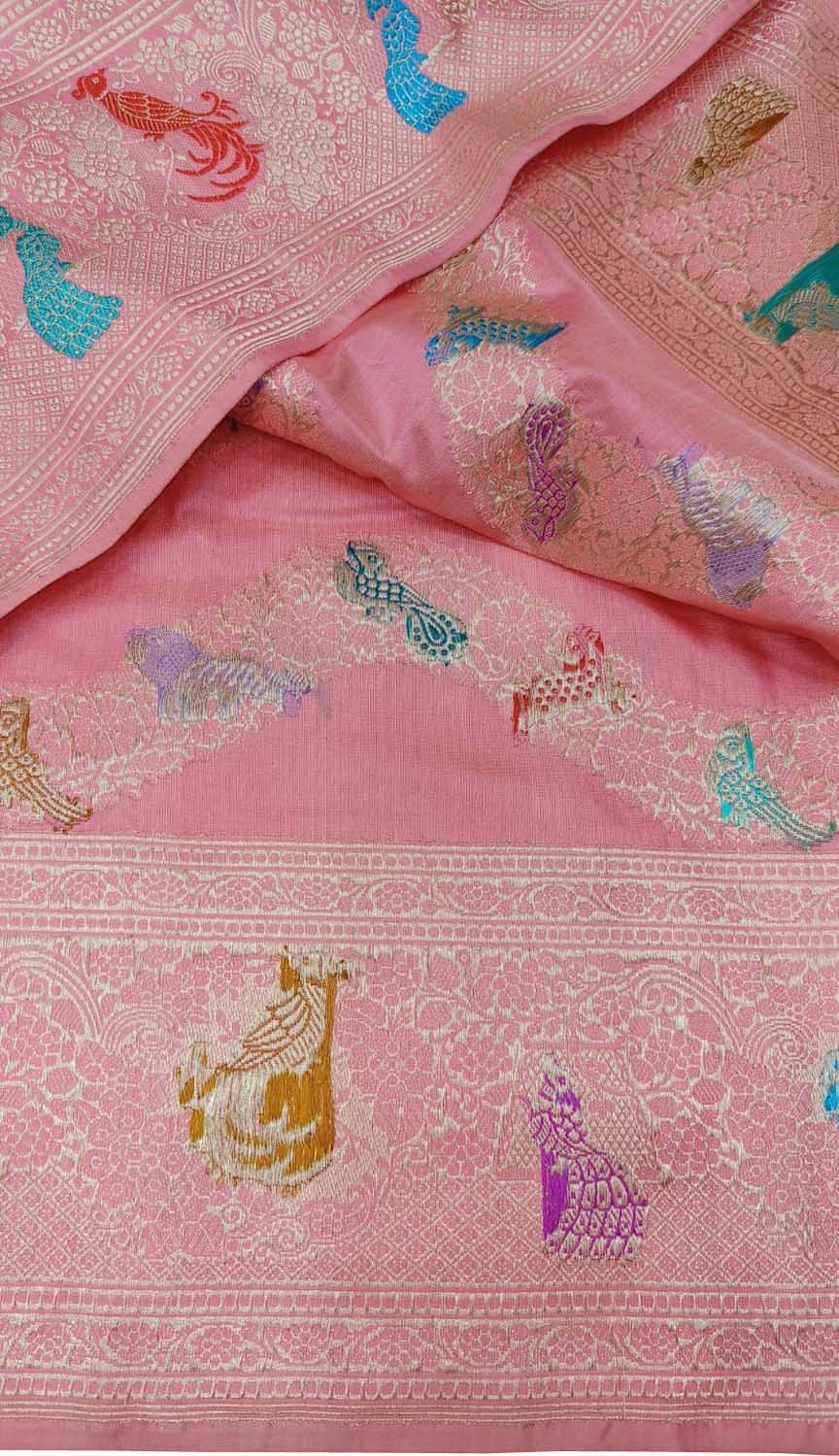 Pink Banarasi Handloom Pure Katan Silk Shikargha Design Meenakari Saree - Luxurion World