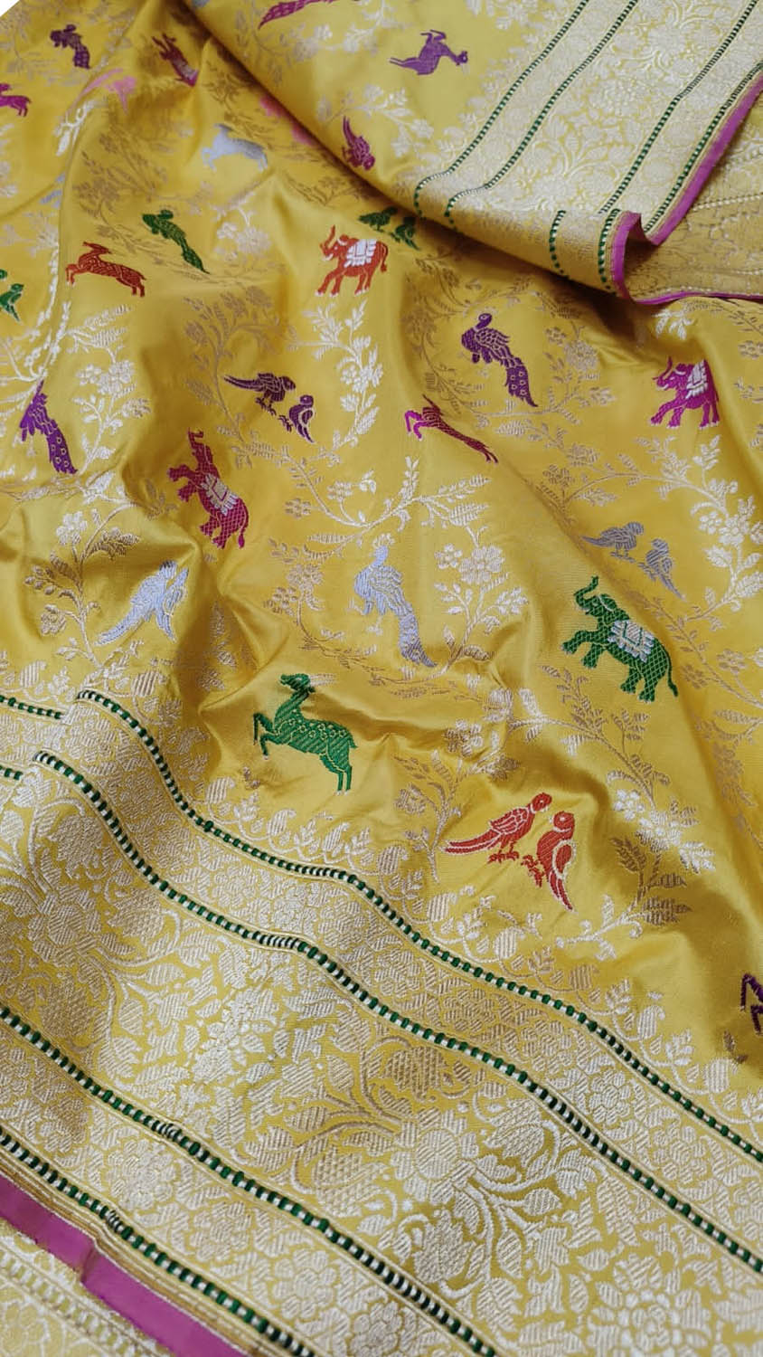 Yellow Banarasi Handloom Pure Katan Silk Shikargha Design Meenakari Saree - Luxurion World