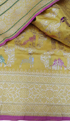 Yellow Banarasi Handloom Pure Katan Silk Shikargha Design Meenakari Saree - Luxurion World