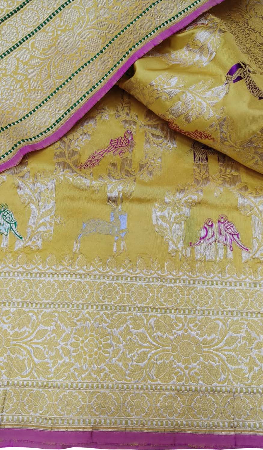 Yellow Banarasi Handloom Pure Katan Silk Shikargha Design Meenakari Saree - Luxurion World