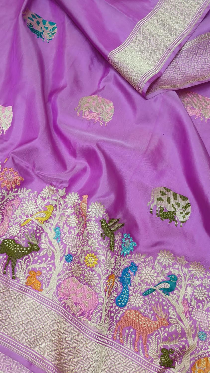 Pink Banarasi Handloom Pure Katan Silk Shikargha Design Meenakari Saree - Luxurion World