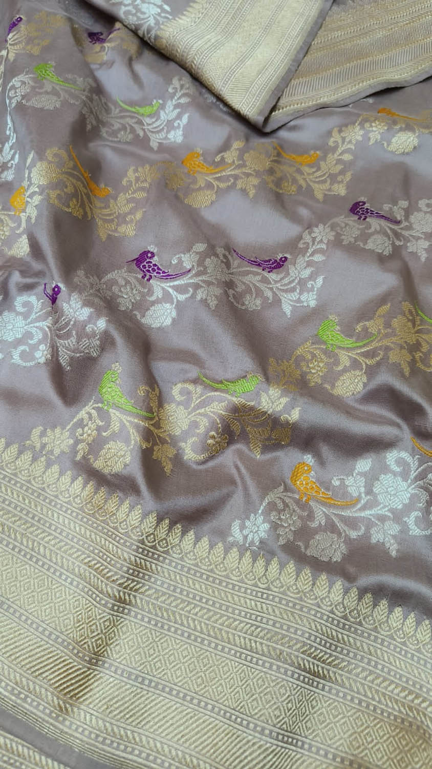 Purple Banarasi Handloom Pure Katan Silk Meenakari Saree - Luxurion World