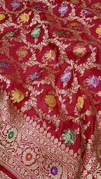 Exquisite Red Banarasi Handloom Pure Katan Silk Meenakari Saree - Luxurion World
