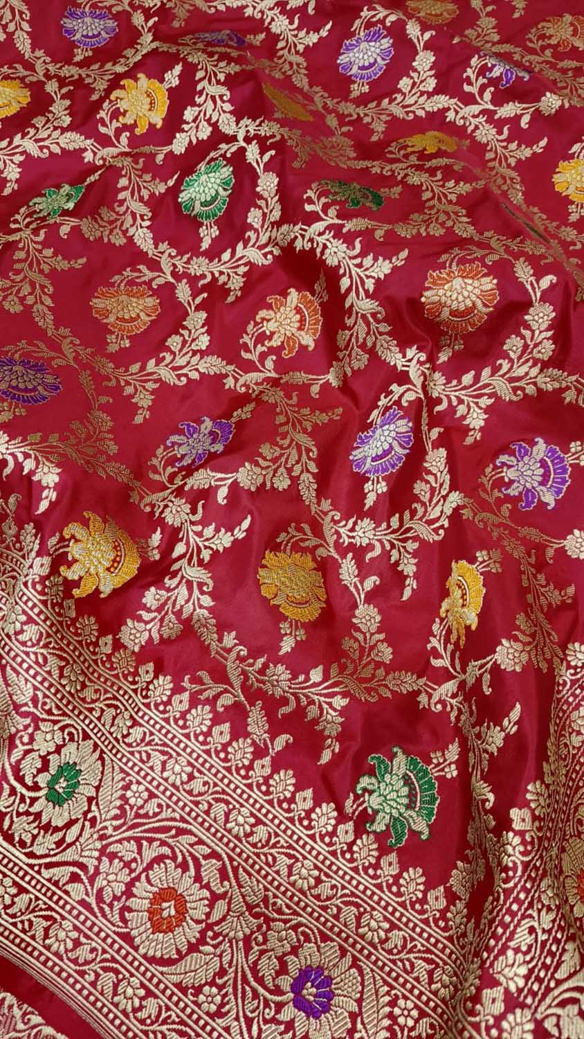 Exquisite Red Banarasi Handloom Pure Katan Silk Meenakari Saree - Luxurion World