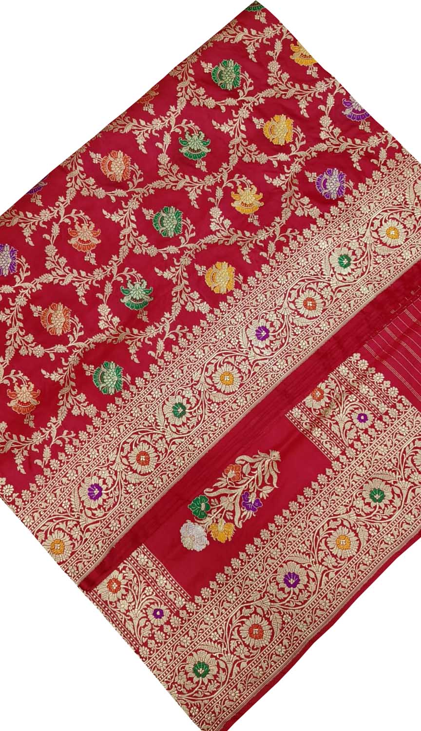 Exquisite Red Banarasi Handloom Pure Katan Silk Meenakari Saree - Luxurion World
