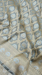 Exquisite Grey Banarasi Handloom Pure Katan Silk Sona Roopa Saree - Luxurion World