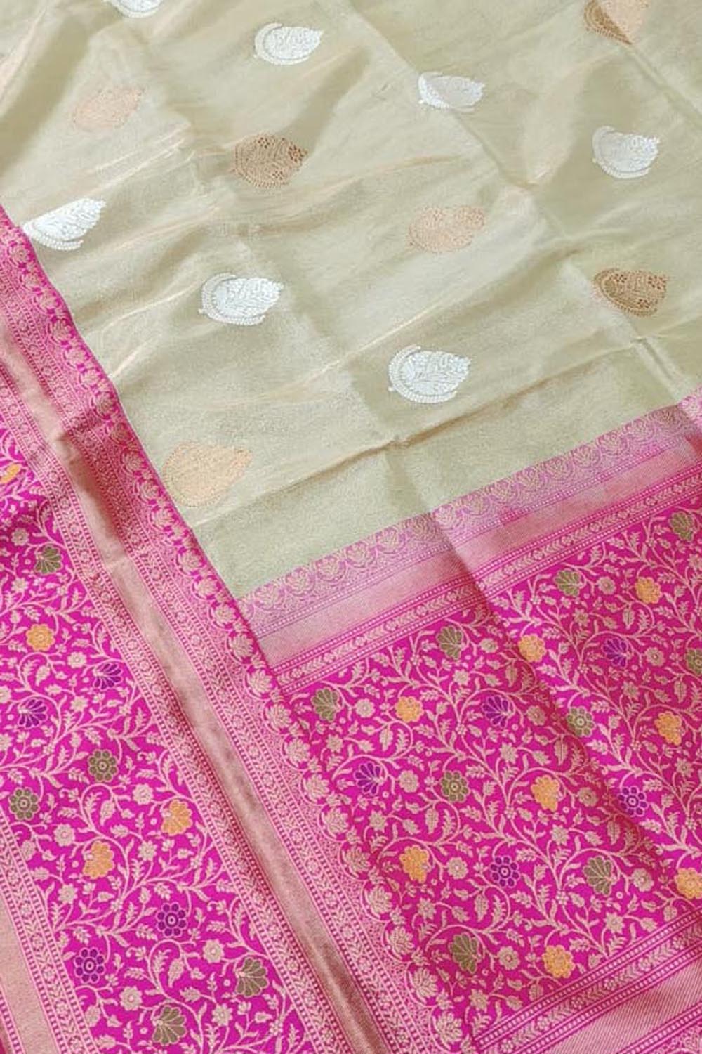 Pastel Banarasi Handloom Silk Saree with Self-weaving Ethnic butties