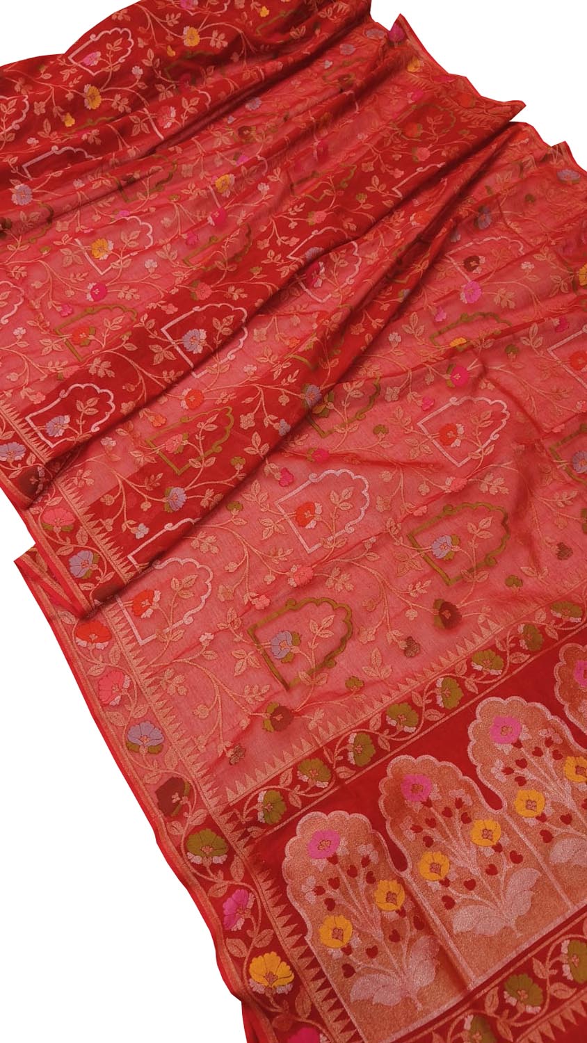 Red Banarasi Handloom Pure Cotton Saree - Elegant and Traditional - Luxurion World