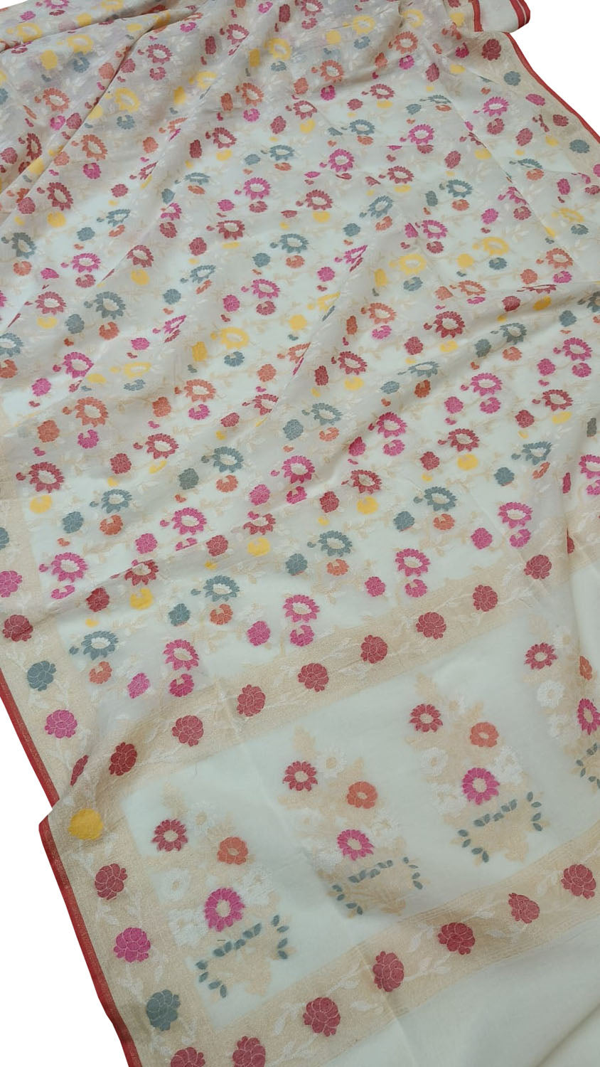Elegant Off White Banarasi Cotton Saree - Luxurion World
