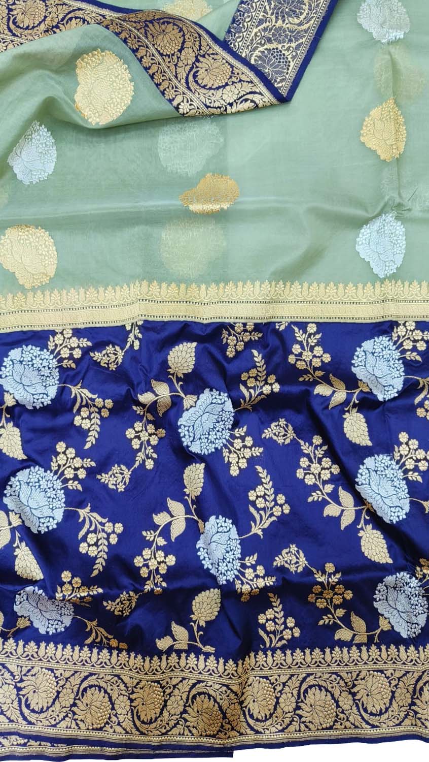 Green & Blue Handloom Banarasi Half & Half Pure Katan Silk Saree - Luxurion World