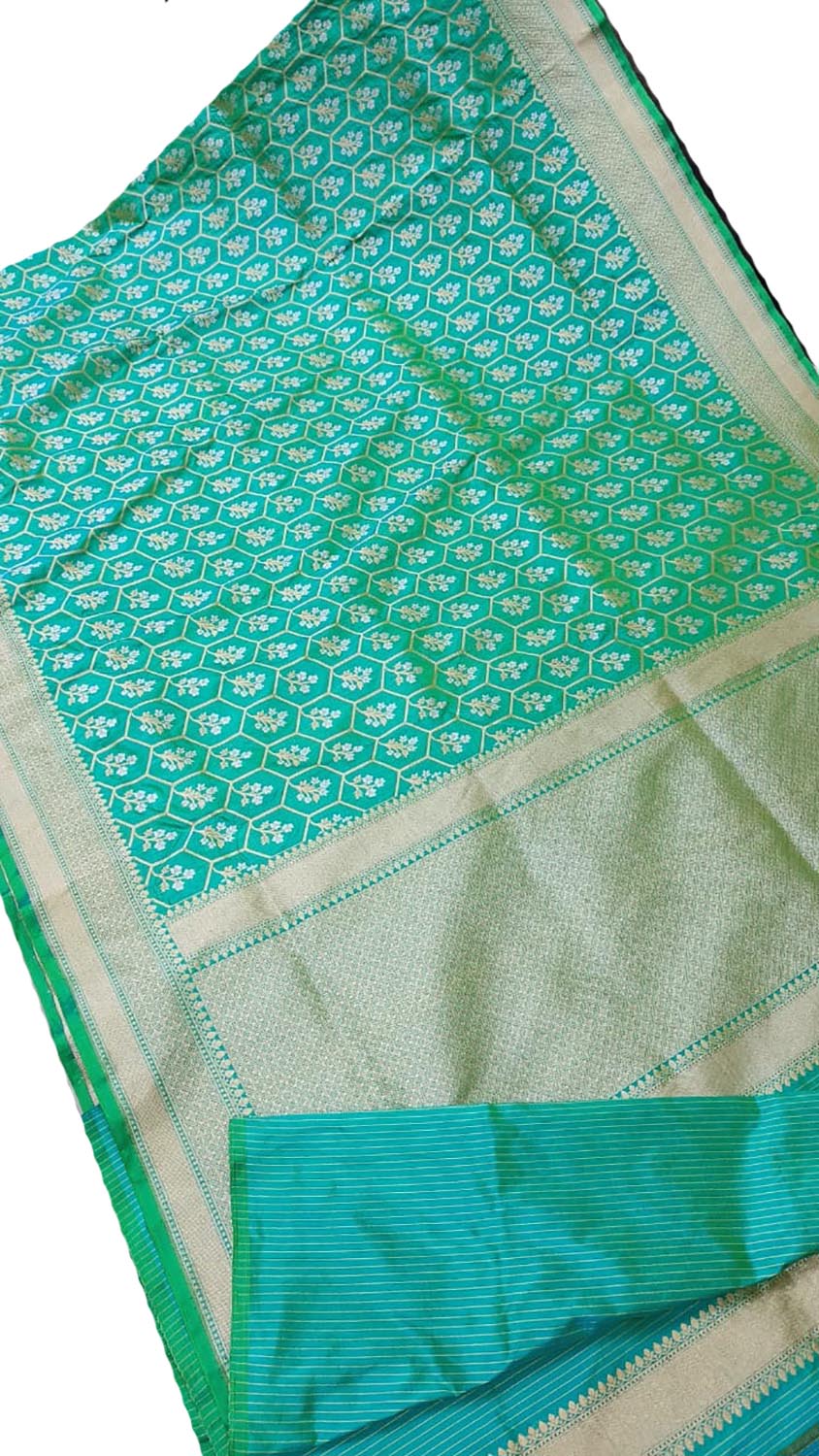 Blue And Green Shot Banarasi Handloom Pure Katan Silk Sona Roopa Saree - Luxurion World