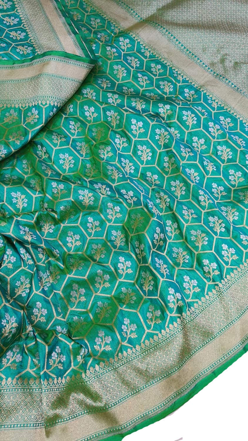 Blue And Green Shot Banarasi Handloom Pure Katan Silk Sona Roopa Saree - Luxurion World