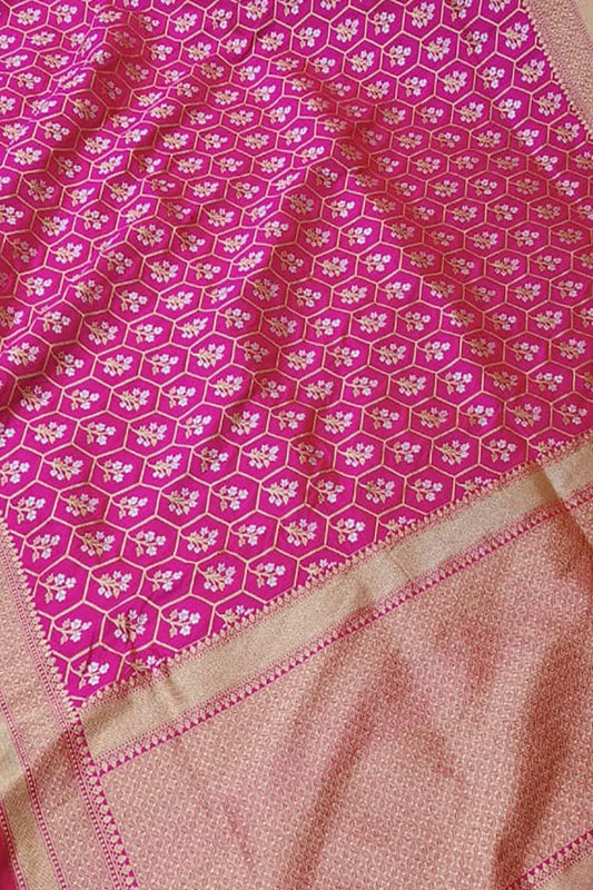 Exquisite Pink Banarasi Handloom Pure Katan Silk Sona Roopa Saree - Luxurion World