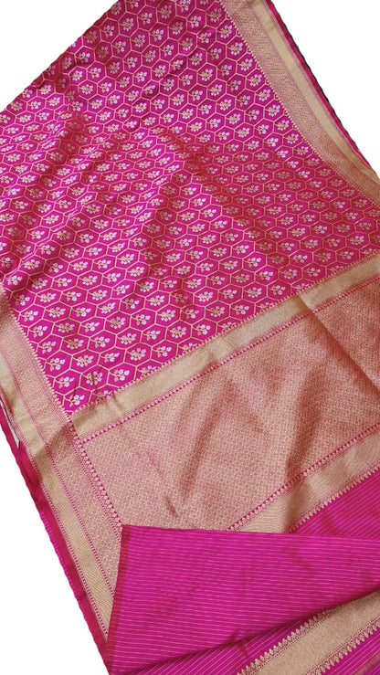 Exquisite Pink Banarasi Handloom Pure Katan Silk Sona Roopa Saree - Luxurion World