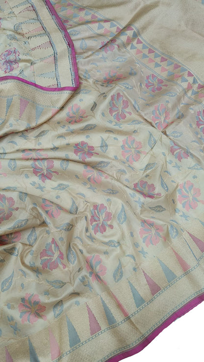 Exquisite Pastel Banarasi Handloom Pure Katan Silk Saree - Luxurion World