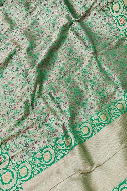 Exquisite Green Banarasi Handloom Pure Katan Silk Meenakari Saree - Luxurion World