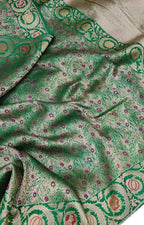Exquisite Green Banarasi Handloom Pure Katan Silk Meenakari Saree - Luxurion World