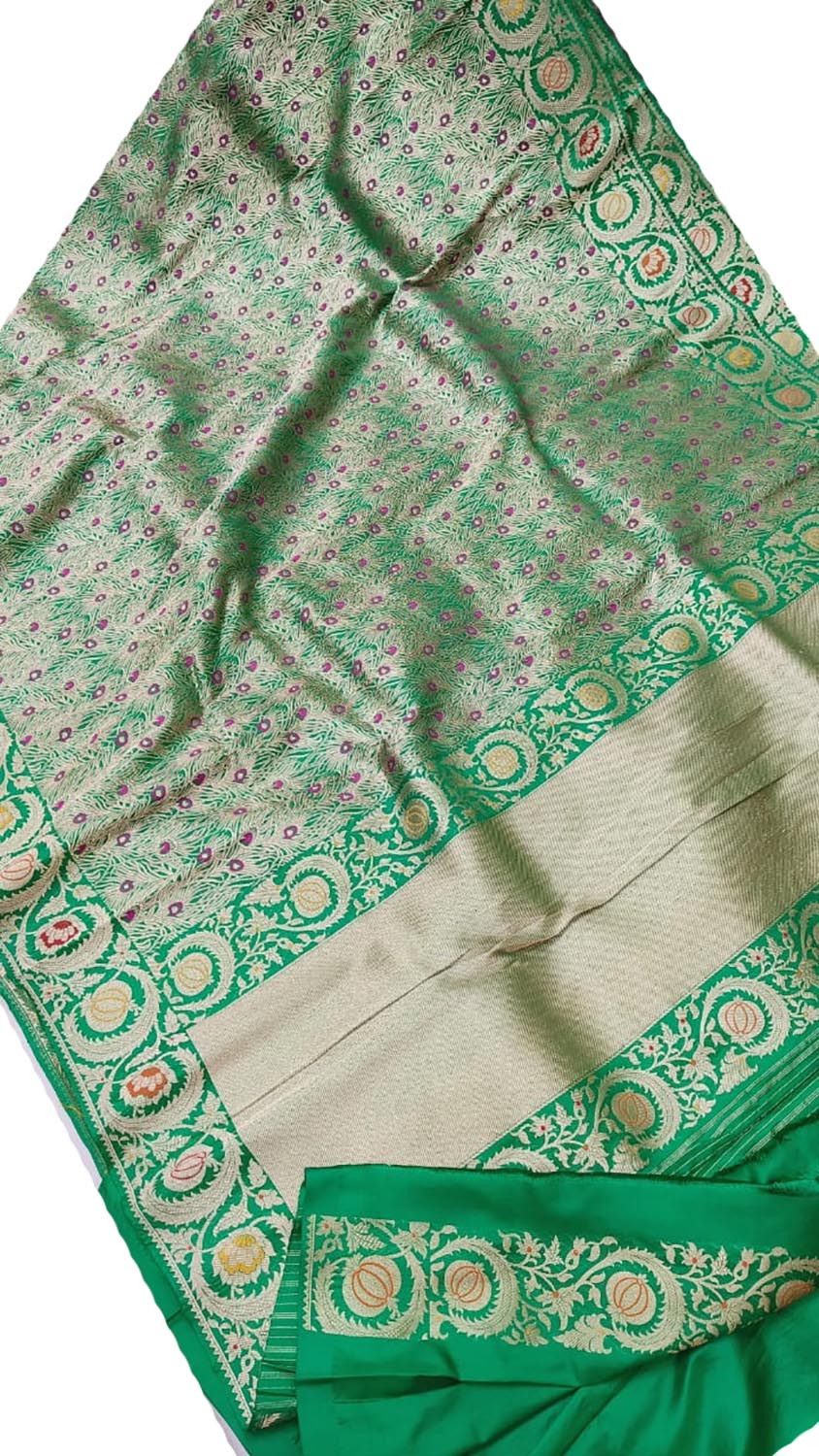 Exquisite Green Banarasi Handloom Pure Katan Silk Meenakari Saree - Luxurion World