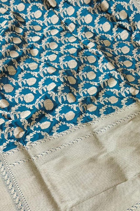 Exquisite Blue Banarasi Handloom Pure Katan Silk Jaal Work Saree - Luxurion World