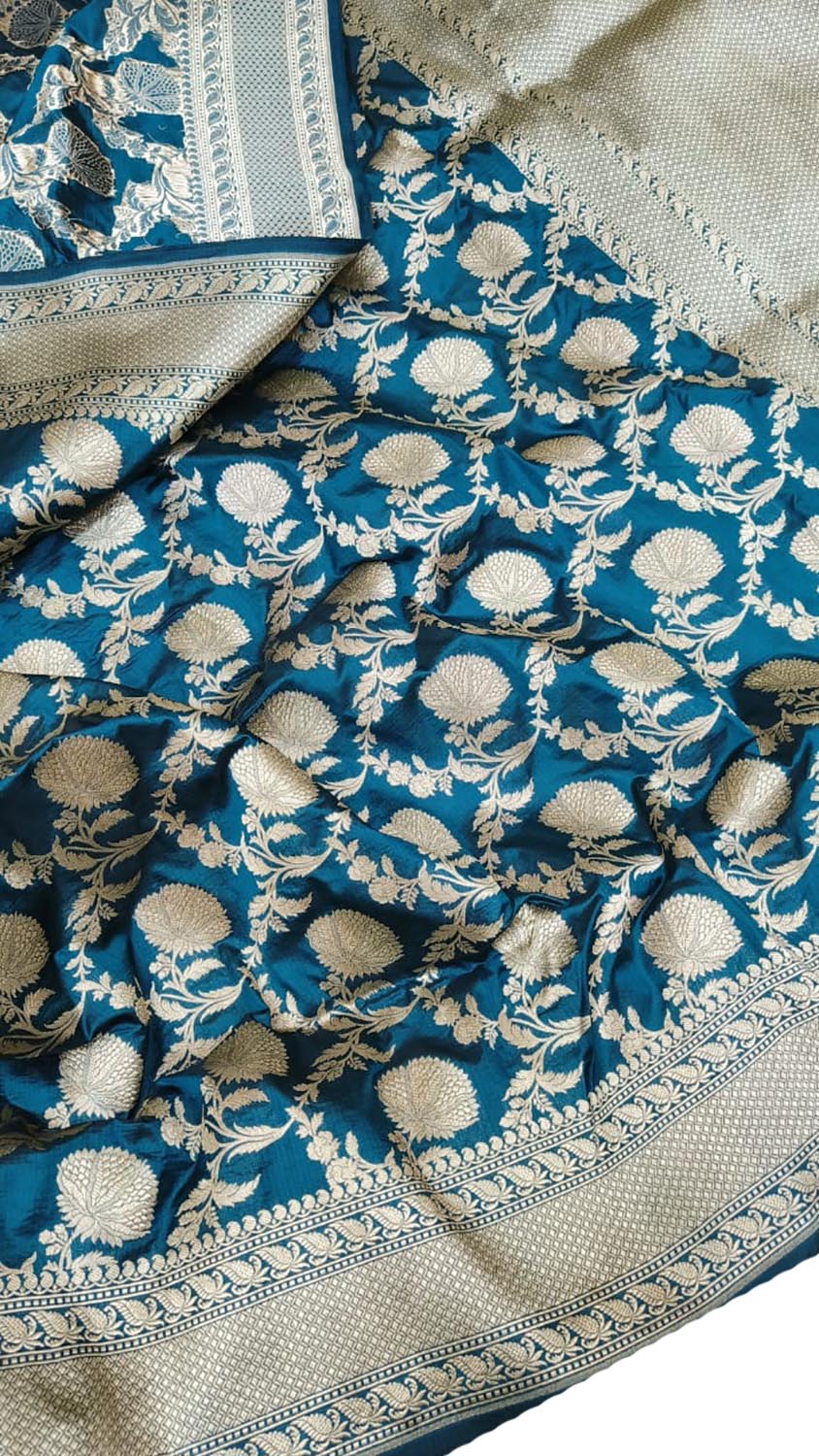 Exquisite Blue Banarasi Handloom Pure Katan Silk Jaal Work Saree - Luxurion World